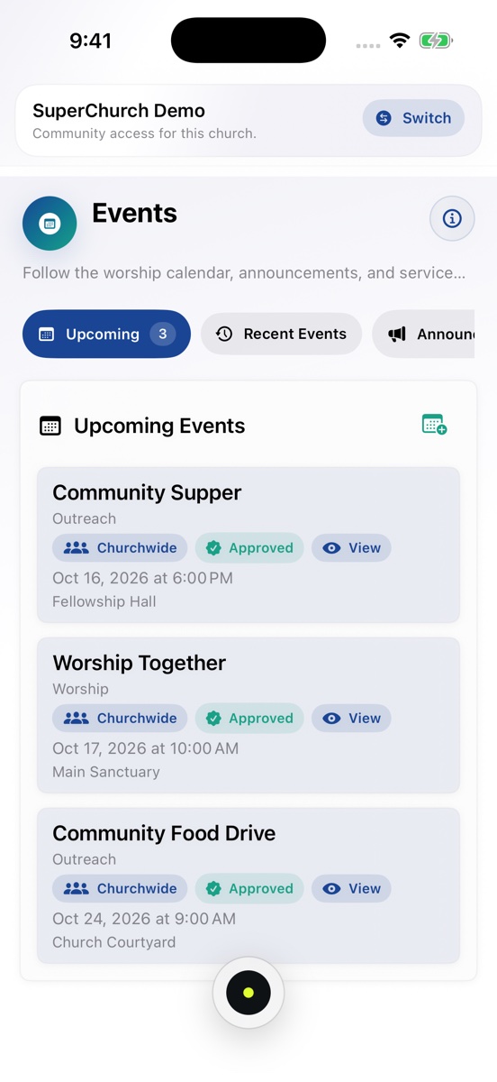 Upcoming church events in SuperChurch