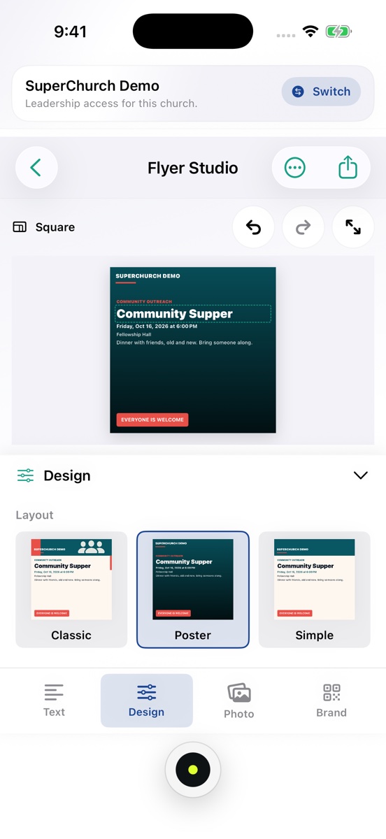 An event invitation in SuperChurch Flyer Studio